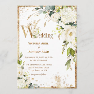 Invitation Blanc or Botanique Floral Rustique Mariage