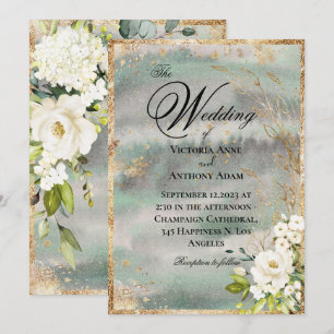 Invitation Blanc or Botanique Floral Sage Vert Mariage