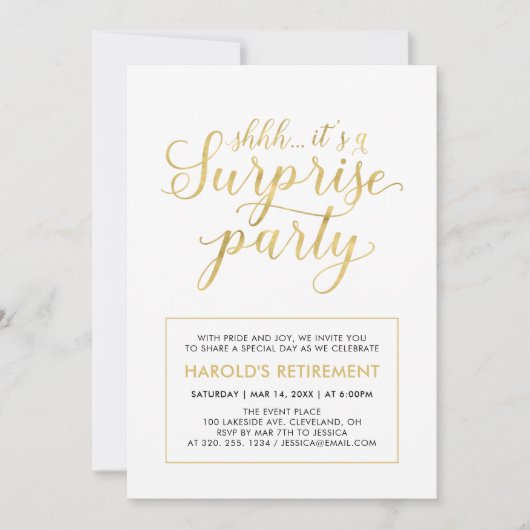 Invitation Blanc & Or | Fête de retraite moderne surprise (Devant)