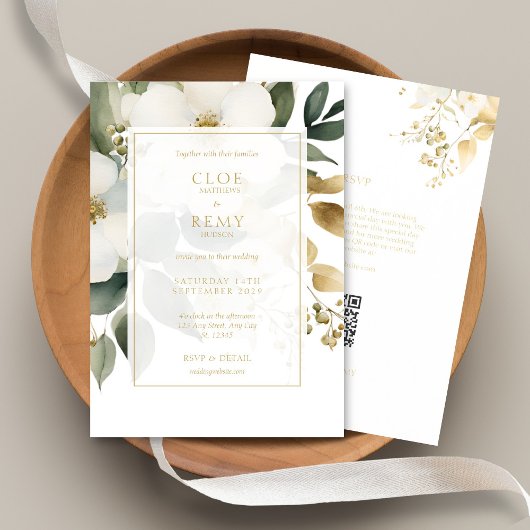 Invitation Blanc & Or Floral Folial Aquarelle Mariage QR