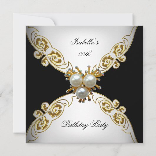 Invitation Blanc Or Noir Perle Fête d'anniversaire (Devant)