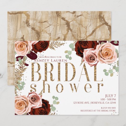 Invitation Blanc Or Rose Bourgogne Roses Shower de Mariée (Devant / Derrière)