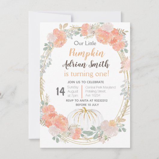 Invitation Blanc Petit Citrouille Automne Anniversaire Automn (Devant)