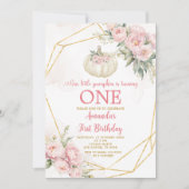 Invitation Blanc Petit Citrouille rose Floral Or 1er annivers (Devant)