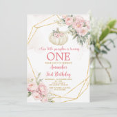 Invitation Blanc Petit Citrouille rose Floral Or 1er annivers (Debout devant)
