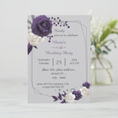 Invitation blanc pourpre poussiéreux fleurs géométrique anniv (Debout devant)