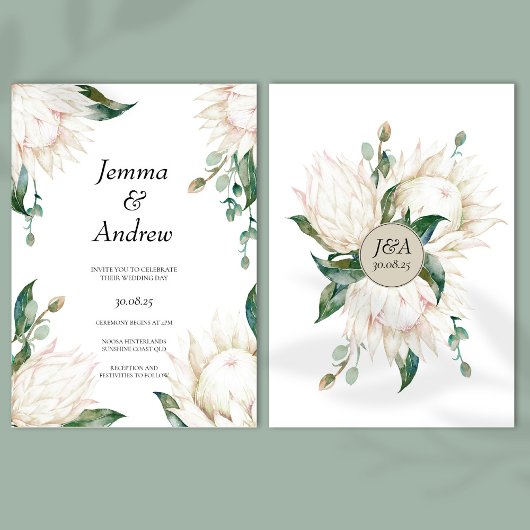 Invitation Blanc Protea Elegant Fleurs Mariage de verdure