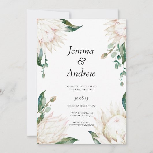 Invitation Blanc Protea Elegant Fleurs Mariage de verdure (Devant)