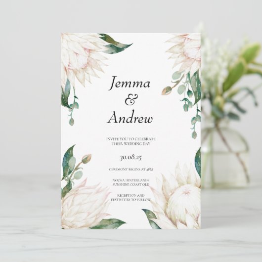 Invitation Blanc Protea Elegant Fleurs Mariage de verdure (Debout devant)