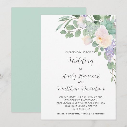 Invitation Blanc Purple Floral Vert Eucalyptus Succulents (Devant / Derrière)