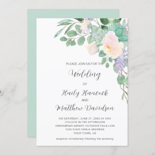 Invitation Blanc Purple Floral Vert Eucalyptus Succulents