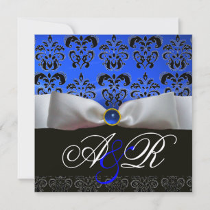 INVITATION BLANC RIBBON BLEU SAPPHIRE NOIR DAMASK MONOGRAM