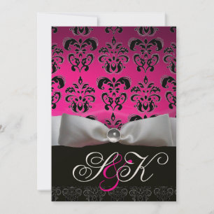 INVITATION BLANC RIBBON ROSE FUCHSIA NOIR DAMASK MONOGRAM