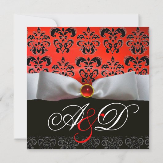 Invitation BLANC RIBBON ROUGE BLACK DAMASK MONOGRAM Ruby (Devant)