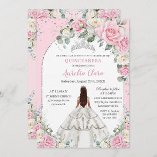 Invitation Blanc rose Floral Arc Arc Argent Quinceanera Sweet