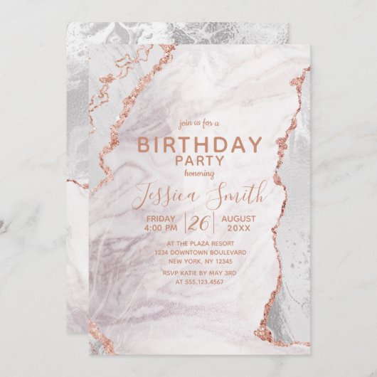 Invitation Blanc & Rose Gold Agate Marbre Foil fête d'anniver (Devant / Derrière)
