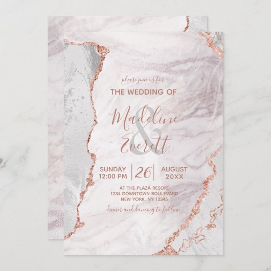 Invitation Blanc & Rose Gold Agate Marbre Foil Mariage modern (Devant / Derrière)