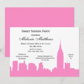 Invitation Blanc rose NYC Skyline Silhouette Sweet sixteen (Devant / Derrière)
