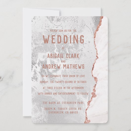 Invitation Blanc & Rose Or Agate Marbre Foil Gilt Mariage (Devant)