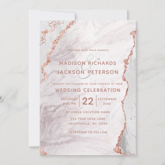 Invitation Blanc & Rose Or Agate Marbre Foil Mariage doré (Devant)