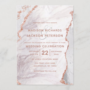 Invitation Blanc & Rose Or Agate Marbre Foil Mariage doré