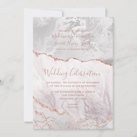Invitation Blanc & Rose Or Agate Marbre Foil Mariage doré (Devant)