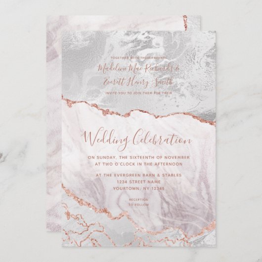 Invitation Blanc & Rose Or Agate Marbre Foil Mariage doré (Devant / Derrière)