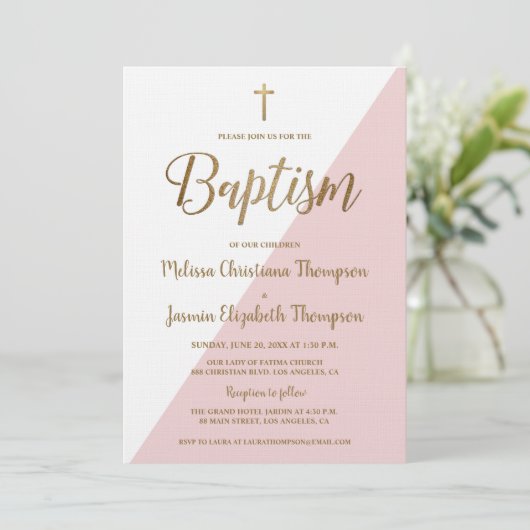 Invitation Blanc rose simple et or (Debout devant)