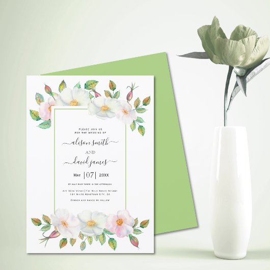 Invitation Blanc, rose vif rose vert mariage floral