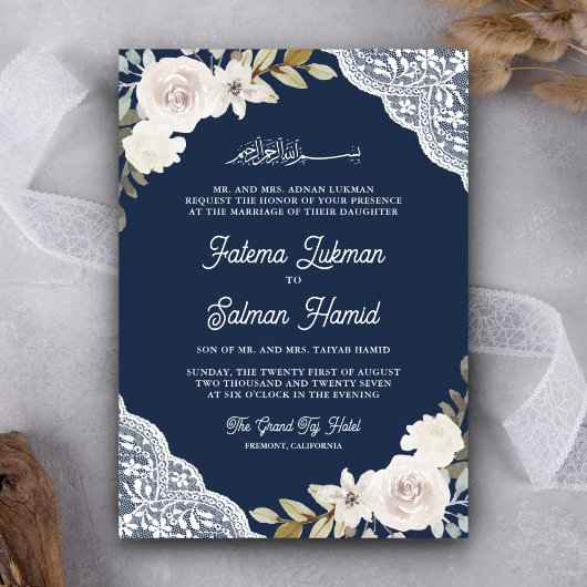 Invitation Blanc Roses dentelle Marine Bleu QR Code Musulman 