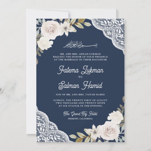 Invitation Blanc Roses dentelle Marine Bleu QR Code Musulman  (Devant)