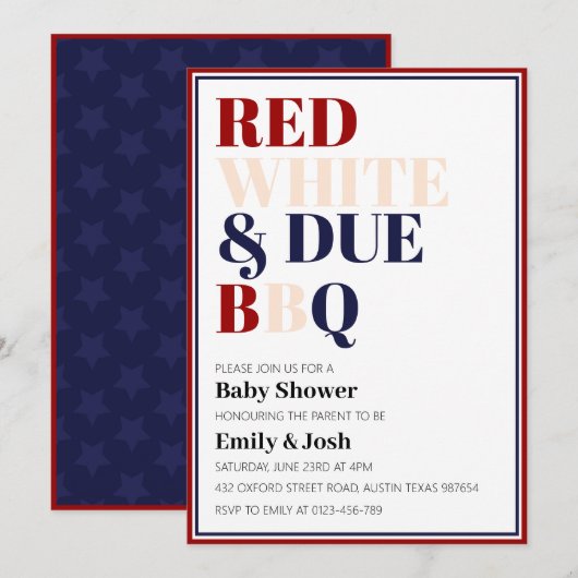 Invitation Blanc rouge et Baby shower du 4 juillet (Devant / Derrière)