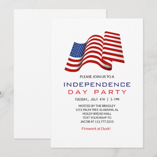 Invitation Blanc rouge et bleu 4 juillet Fête de l'Indépendan (Devant / Derrière)