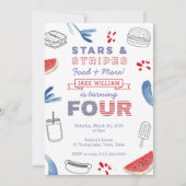 Invitation Blanc rouge et bleu 4e anniversaire pour garçon ou (Devant)