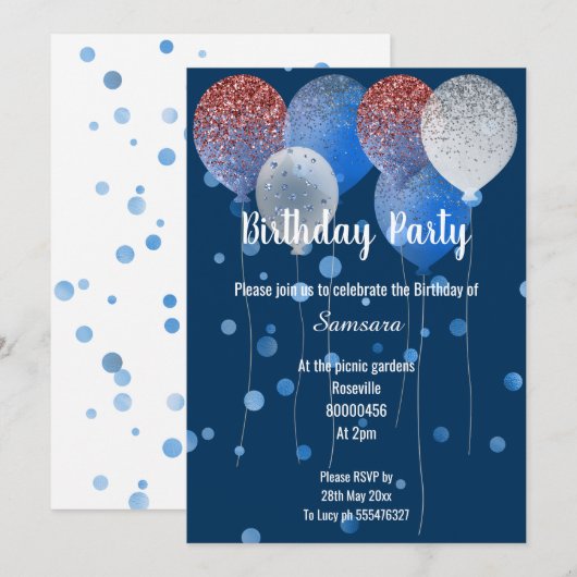 INVITATION BLANC ROUGE ET BLEU BIRTHDAY BALLOON NAVY SPOT (Devant / Derrière)