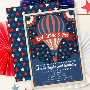 Invitation Blanc rouge et deux ballons 4 juillet Anniversaire