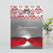 INVITATION BLANC RUBAN ROUGE DAMAS GRAIN MONOGRAMME (Debout devant)