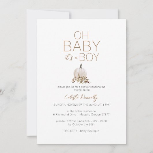Invitation Blanc Rustique Boho Citrouille Oh Baby Boy Douche (Devant)