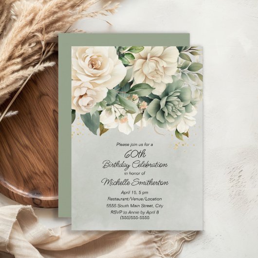 Invitation Blanc Sage Vert Floral Or 60e anniversaire