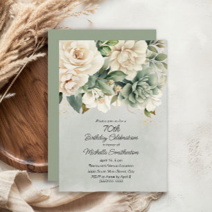 Invitation Blanc Sage Vert Floral Or 70e anniversaire