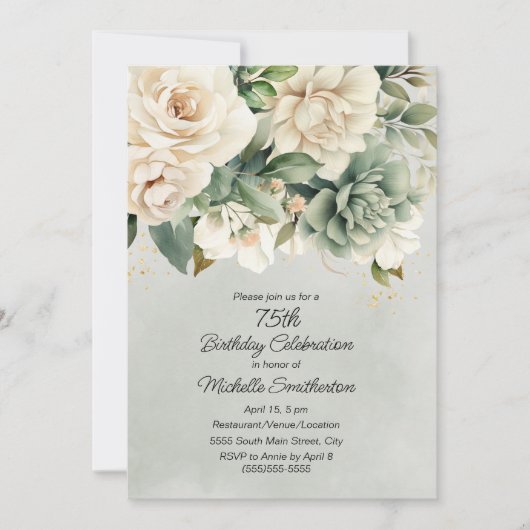 Invitation Blanc Sage Vert Floral Or 75e anniversaire (Devant)