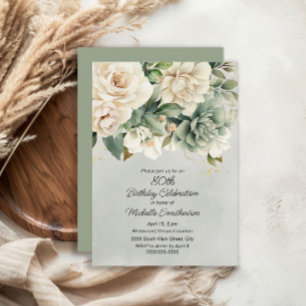 Invitation Blanc Sage Vert Floral Or 80e anniversaire