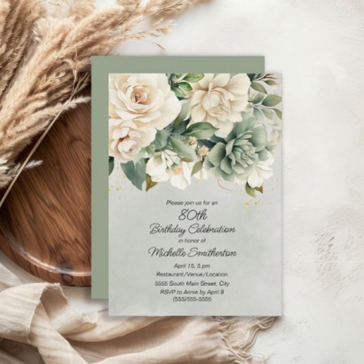 Invitation Blanc Sage Vert Floral Or 80e anniversaire