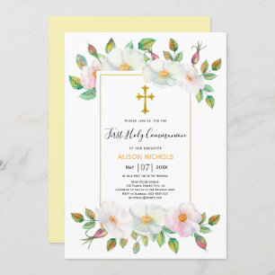 Invitation Blanc sauvage rose jaune floral première communion