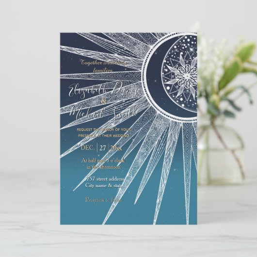 Invitation Blanc Sun Moon Mandala Blue Gradient Design (Debout devant)