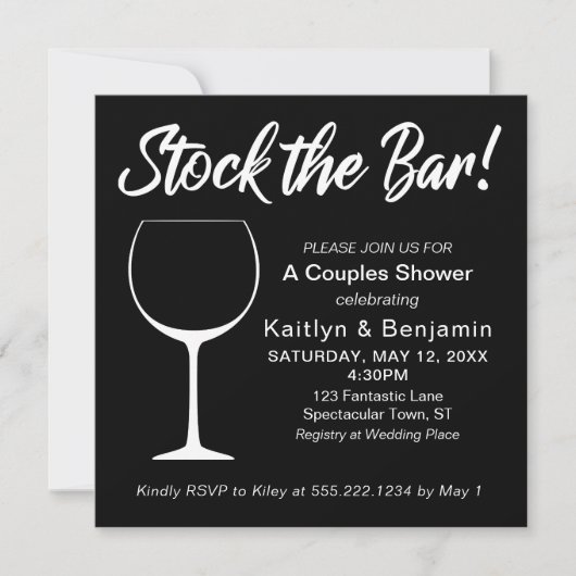 Invitation Blanc sur noir Stock le Bar Script Couples Douche (Devant)