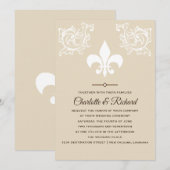 Invitation Blanc & Taupe French Fleur De Lis Paroles Mariage (Devant / Derrière)