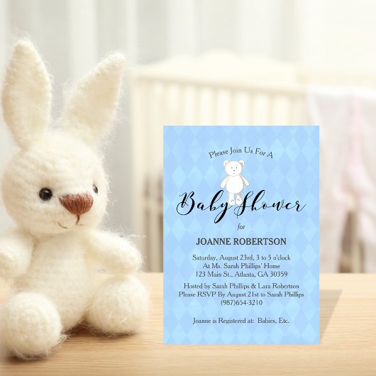 Invitation Blanc Teddy Bear Diamond Baby shower bleu