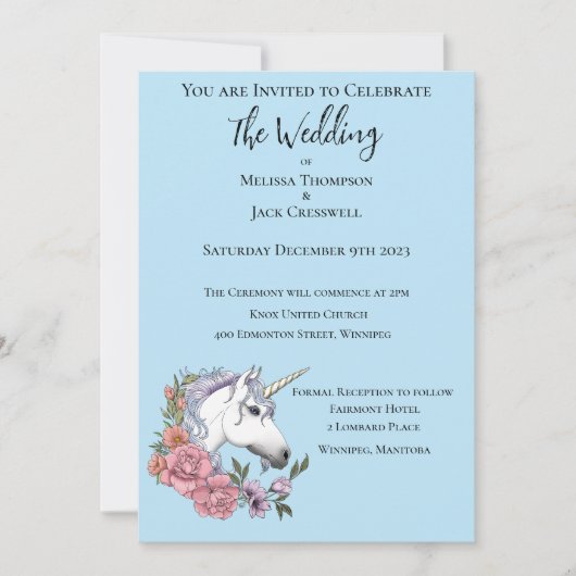 Invitation Blanc Unicorne rose Fleurs Bleu (Devant)