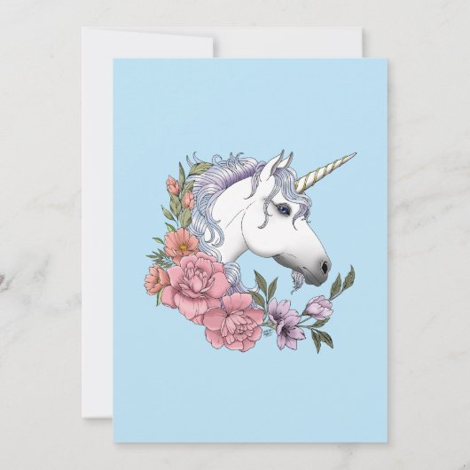 Invitation Blanc Unicorne rose Fleurs Bleu (Dos)
